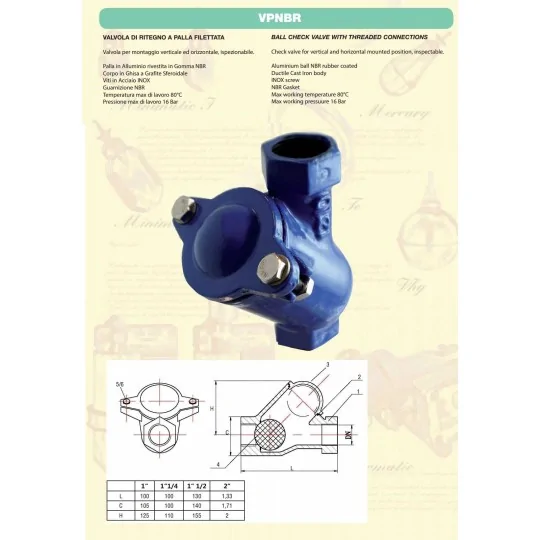 Scheda tecnica Valvola di non ritorno acqua fognatura e scarico a palla PN16 in ghisa pesante irrifarma.it