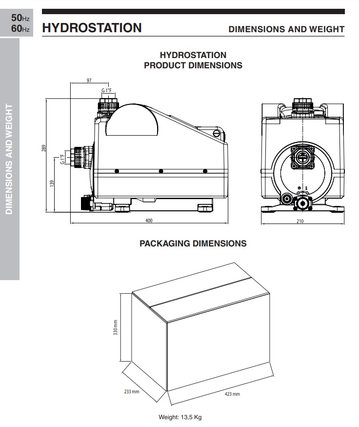 Dimensioni Motore Autoclave pompa autoadescante silenziosa inverter Hydrostation Ebara