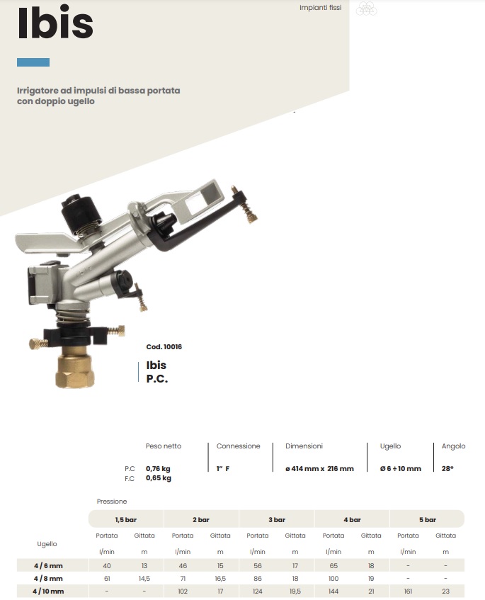 Dati tecnici Irrigatore a battente ad impulsi di bassa portata Sime Ibis 1