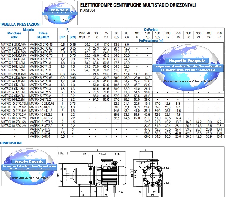 Portate prevalenze dati tecnici Elettropompa 1 Hp per autoclave Pompa silenziosa 5 BAR 80 L/min 0.75 Kw EBARA Matrix 3-5