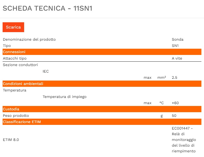 scheda tecnica Sonda di livello acqua lovato 100 mm Sonda ad 1 elettrodo